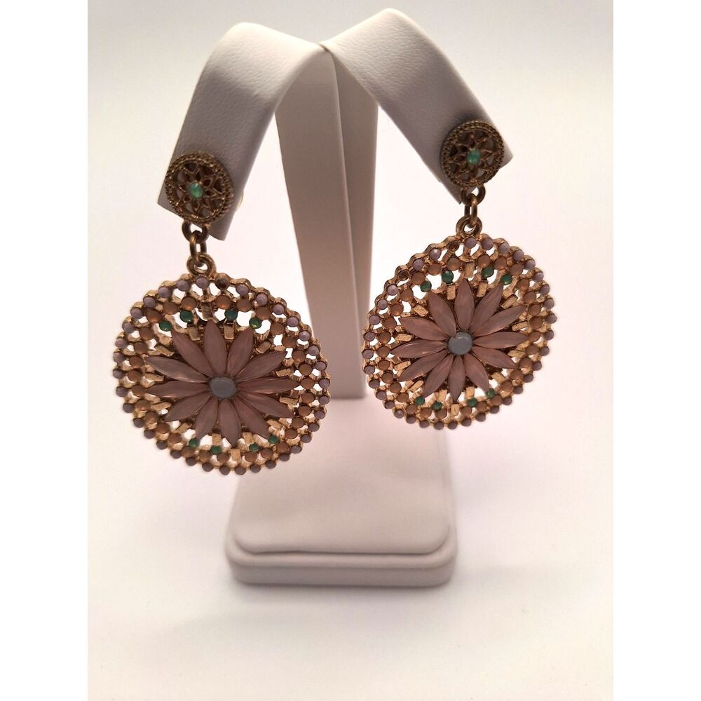 Southwestern dangle drop earrings pink green gold stones in gold tome